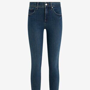 Express Mid Rise Dark Wash Ripped Hem Skinny Jeans